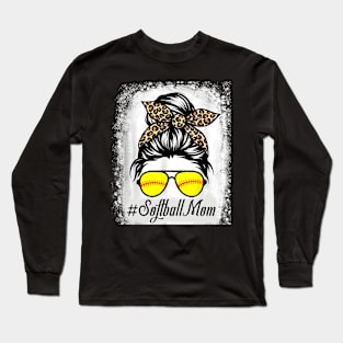 Bleached Softball Mom Life With Leopard and Messy Bun Player Long Sleeve T-Shirt